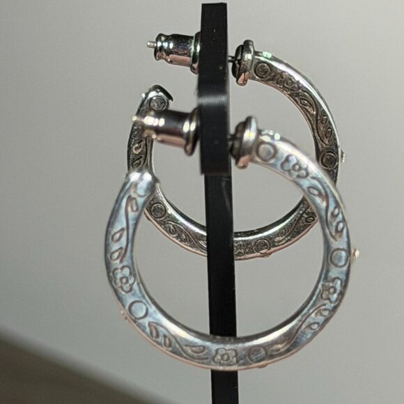 Brighton Silver Etched Hoop Earrings — Classic Scroll Design - Picture 2 of 5